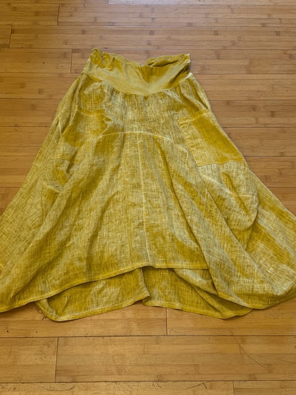 Inizio Linen Mustard Yellow two pocket magic Midi Skirt with Flared A-Line